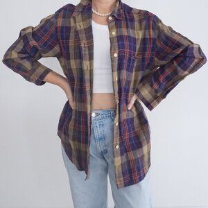 Lauren Ralph Lauren Purple Maroon Plaid Linen Blend Button Up Shirt M